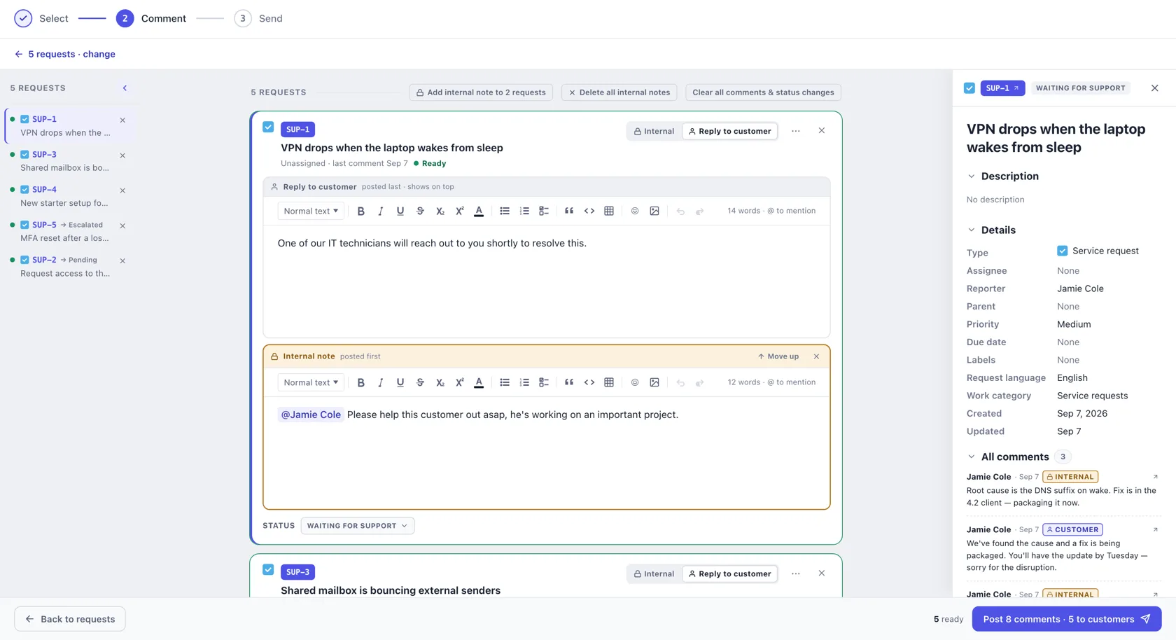 Each selected issue gets its own comment box, with the reply to the customer stacked above the internal note